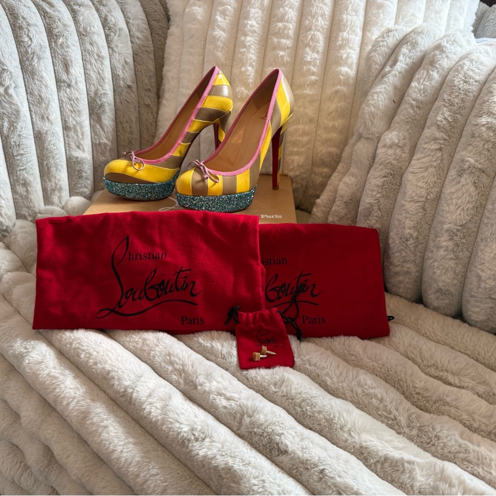 Christian Louboutin Foraine Yellow and Beige Heels with Blue Glitter Platform - Picture 9 of 10